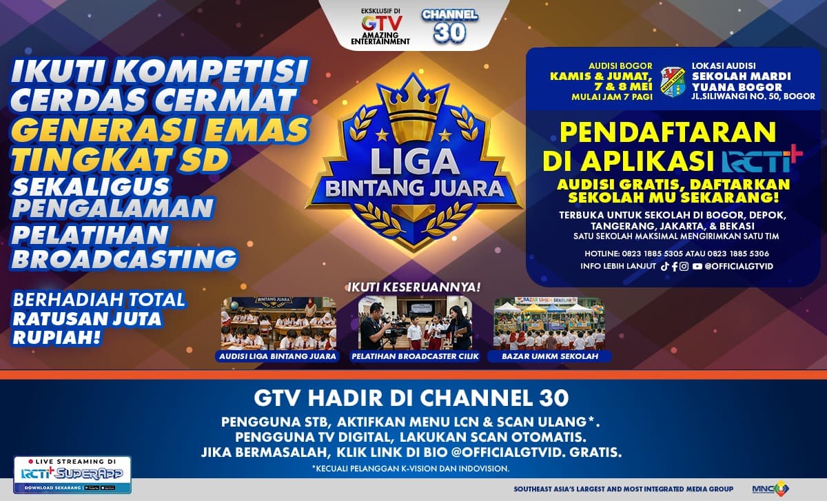 Audisi Perdana Liga Bintang Juara GTV Dibuka di Bogor 7-8 Mei, Daftar Sekarang!