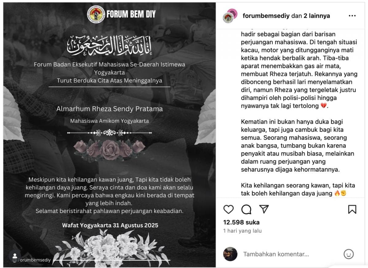 Mahasiswa Amikom Yogyakarta, Rheza Sendy Pratama, Meninggal Dunia Saat Ikut Aksi Unjuk Rasa