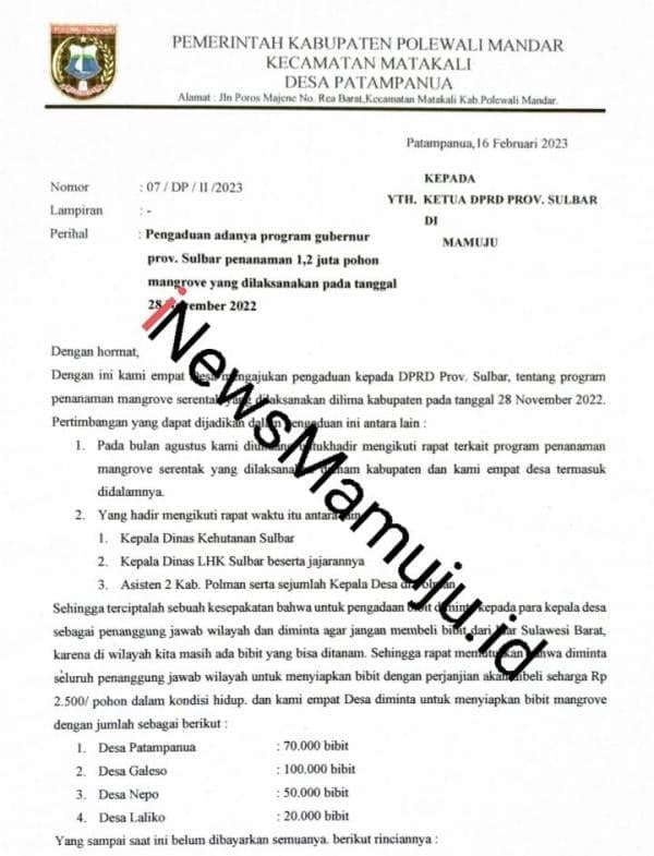 Surat Dilayangkan Ke DPRD Sulbar, Perihal Pengaduan Program Penanaman 1.250.000 Mangrove