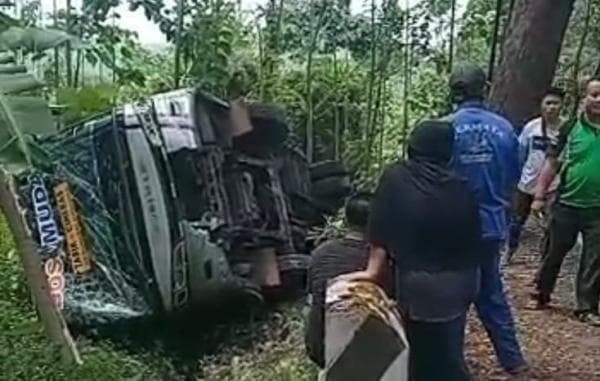 Sopir Diduga Ngantuk, Bus Budiman Terguling di Cipatujah Tasikmalaya