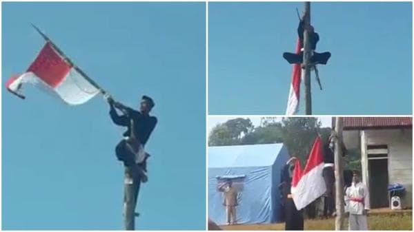 Upacara HUT RI ke-78 Unik dan Langka, Petugas Memanjat Tiang untuk Mengibarkan Bendera Merah Putih