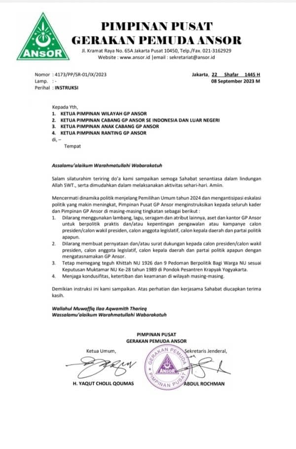 Jelang Tahun Politik,  PP GP Ansor Keluarkan Instruksi Kepada Seluruh Kader, Ini Isinya !!