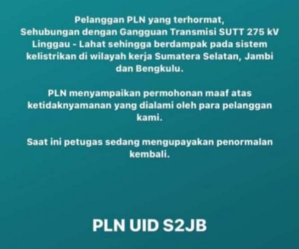 Black Out, Aliran Listrik di Sejumlah Wilayah Sumsel Padam Total