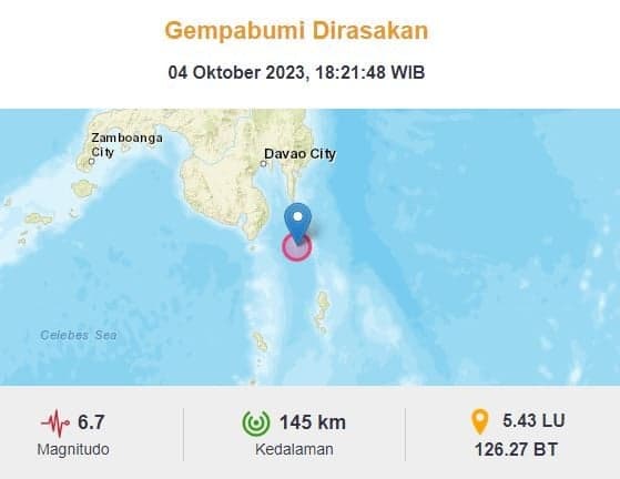 Gempa Terkini M 6,7 di Pulau Karatung Sulut Dirasakan hingga Maluku Utara