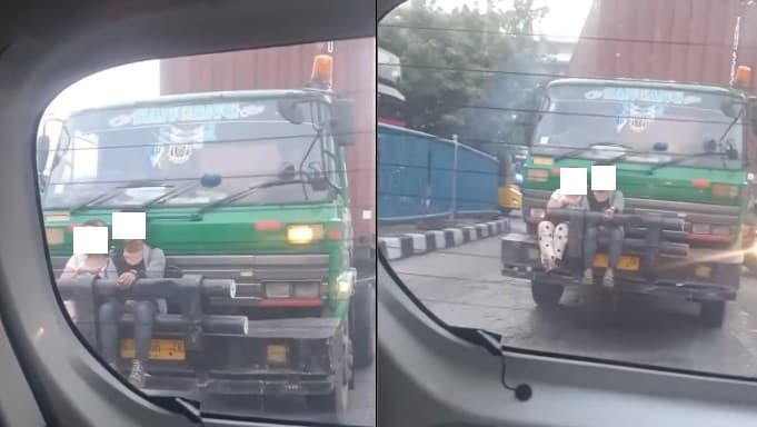 Viral Sepasang Kekasih Nebeng di Bemper Truk Kontainer, Netizen: Cinta Sehidup Semati
