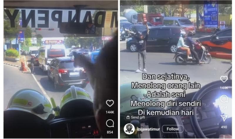 Viral Pengamen Lari Pontang-panting Bantu Mobil Pamadam Kebakaran Terjebak Macet di Lampu Merah