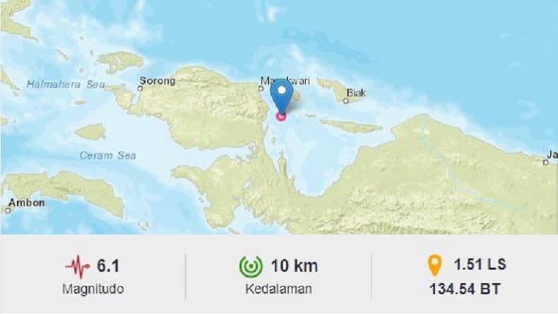Gempa Terkini M6,1 Guncang Ransiki Papua Barat, BMKG: Tidak Berpotensi Tsunami