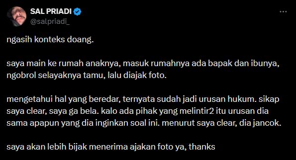 Sal Priadi Bantah Bela Sitok Srengenge Usai Foto Barengnya Viral di X