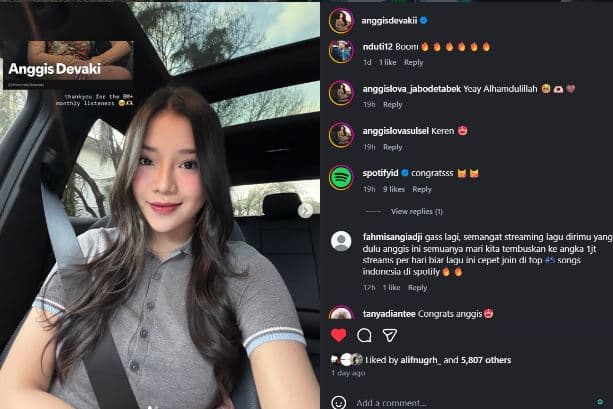 Anggis Devaki Dapatkan 8 Juta Lebih Monthly Listener di Spotify Periode Januari