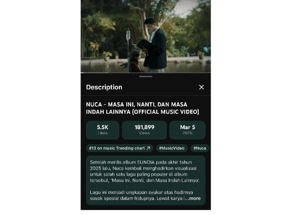 Musik Video Masa Ini, Nanti, dan Masa Indah Lainnya Milik Nuca Raih Posisi 13 di Trending Youtube