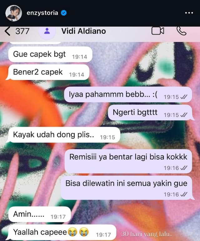 Curhat Vidi ke Enzy Storia Sebulan Sebelum Berpulang: Gue Capek Banget