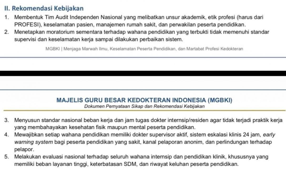 Dokter Internship Meninggal, Majelis Guru Besar Kedokteran Indonesia Desak Bentuk Tim Audit