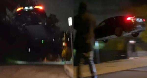 Pengemudi Tesla Ini Lakukan Aksi Terbang di Jalan Perumahan, Mobil Hancur dan Airbag Ngembang
