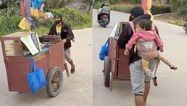Bikin Haru, Perjuangan Ayah Dorong Gerobak Jualan Roti Bakar Nyambi Gendong Anak Viral!