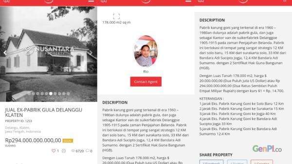 Waduh! Bekas Pabrik Gula Delanggu Dijual Online Seharga Rp 294 M