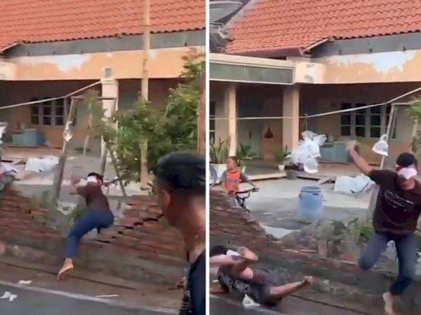 Ngakak! Lomba 17 Agustus Pukul Air, Remaja Ini Malah Bikin Tembok Jebol