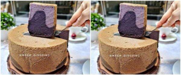 Resep dan cara membuat chiffon taro 2 warna, lembut dan antigagal