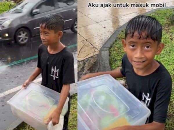 Sedih! Bocah Penjual Kue Hujan-hujanan Tunggu Pembeli, Gak Bisa Pulang karena Belum Laku