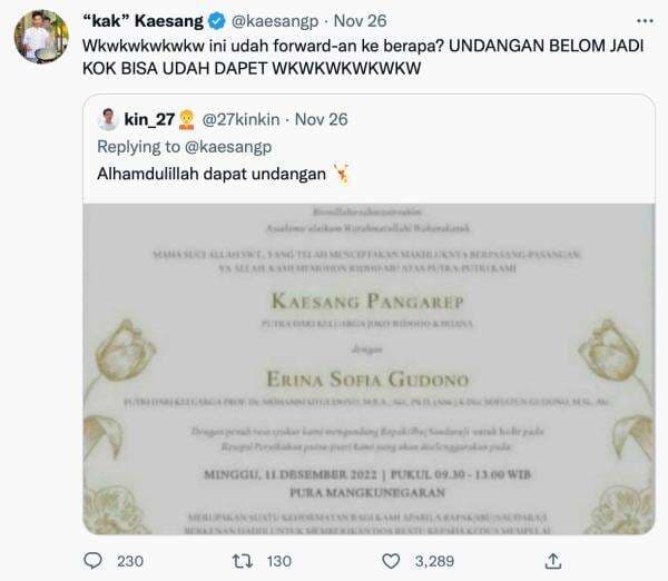 Foto Undangan Pernikahan Beredar di Media Sosial, Kaesang: Undangan Belum Jadi Kok Bisa Dapet?