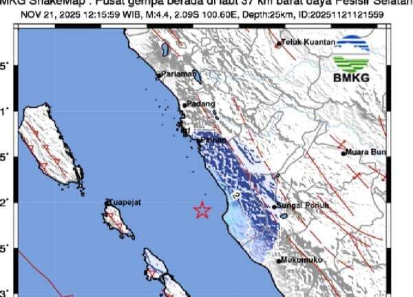 Gempa Terkini M 4,4, Guncang Pesisir Selatan, Getaran Dirasakan hingga Solok Selatan