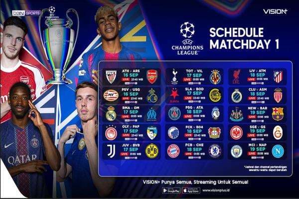 Jadwal Lengkap Matchday 1 UEFA Champions League 2025/26, Ini Link Nonton di VISION+