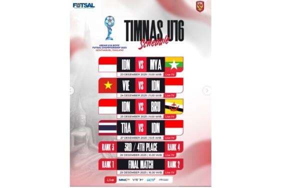 Jadwal Siaran Langsung Timnas Futsal Indonesia U-16 Vs Myanmar di Piala AFF Futsal U-16 2025