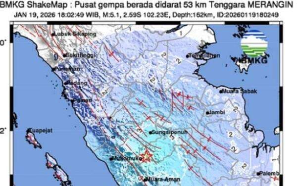 Gempa Hari Ini M 5,1 Guncang Merangin, Getaran Dirasakan hingga Bengkulu
