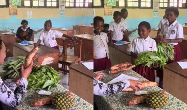 Viral Guru di Pedalaman Papua Ini Dihadiahi Nanas, Daun Singkong hingga Ubi dari Murid Sekelas