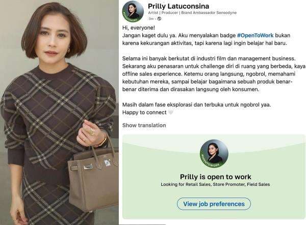 Tiba-Tiba, Prilly Latuconsina Pasang StatusOpen to Work di Linkedln