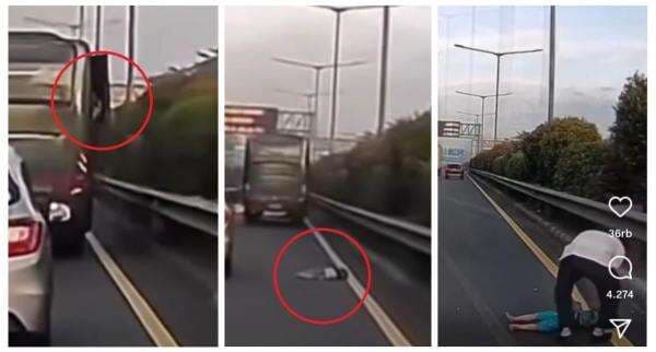 Ngeri! Bocah Terjatuh dari Dalam Bus saat Melaju Kencang di Tol, Pengendara di Belakang Shock