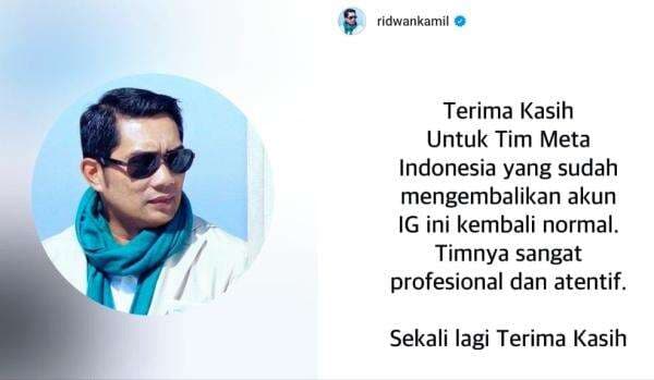 Akun Instagram Kembali Pulih Setelah Diretas, Ridwan Kamil: Terima Kasih Tim Meta