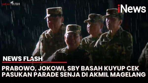 Hujan-hujanan! Prabowo Ditemani Jokowi dan SBY Basah Kuyup di Upacara Parade Senja