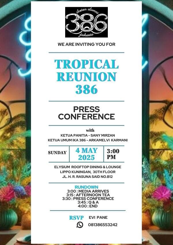 Alumni SMA 3 Jakarta Angkatan 1986 Bakal Gelar Reuni Akbar pada 4 Mei 2025