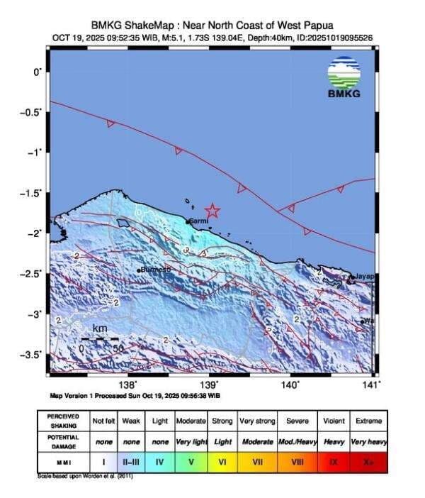 Gempa M5,1 Guncang Pantai Utara Sarmi Papua, BMKG: Akibat Aktivitas Sesar Anjak Memberamo Gempa M5,1 Guncang Pantai Utara Sarmi Papua, BMKG: Akibat Aktivitas Sesar Anjak Memberamo