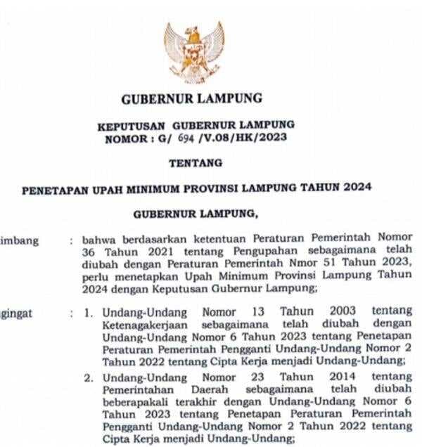 Penjabat Gubernur Tetapkan UMP Lampung 2025 Naik Rp176 Ribu Penjabat Gubernur Tetapkan UMP Lampung 2025 Naik Rp176 Ribu
