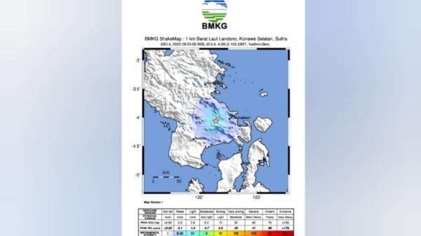 Gempa Bumi Tektonik M3.4 Guncang Konawe Selatan dan Kendari