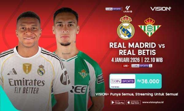 Jadwal dan Link Live Streaming Real Madrid vs Real Betis di Liga Spanyol 2025-2026 di Vision+, Klik di Sini!