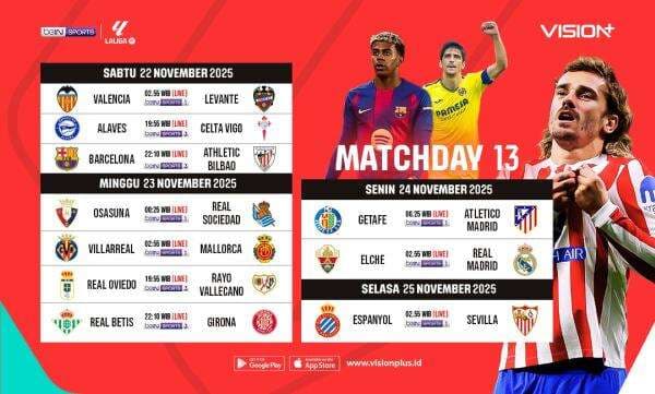 Klik di Sini! Jadwal dan Link Live Streaming Liga Spanyol 2025-2026 Pekan Ke-13 di Vision+