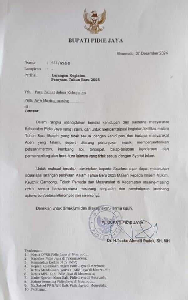 Bupati Pidie Jaya Larang Warganya Melakukan Kegiatan Perayaan Tahun Baru
