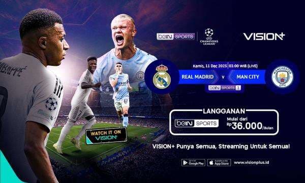 Link Live Streaming Real Madrid vs Manchester City di Liga Champions 2025-2026 di Vision+, Klik di Sini!