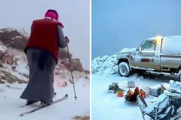 Viral! Hujan Salju Tebal di Arab Saudi, Warga Ramai-Ramai Main Ski