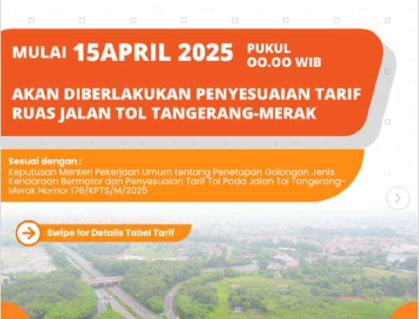 Tarif Tol Tangerang-Merak Resmi Naik, Ini Besarannya