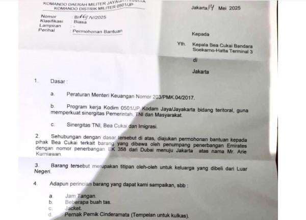 Viral Dandim Jakpus Surati Bea Cukai soal Barang Bawaan Penumpang, TNI AD Buka Suara