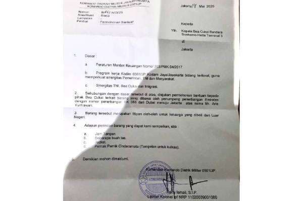 Penampakan Surat Dandim Jakpus ke Bea Cukai Bandara Soetta untuk Amankan Barang