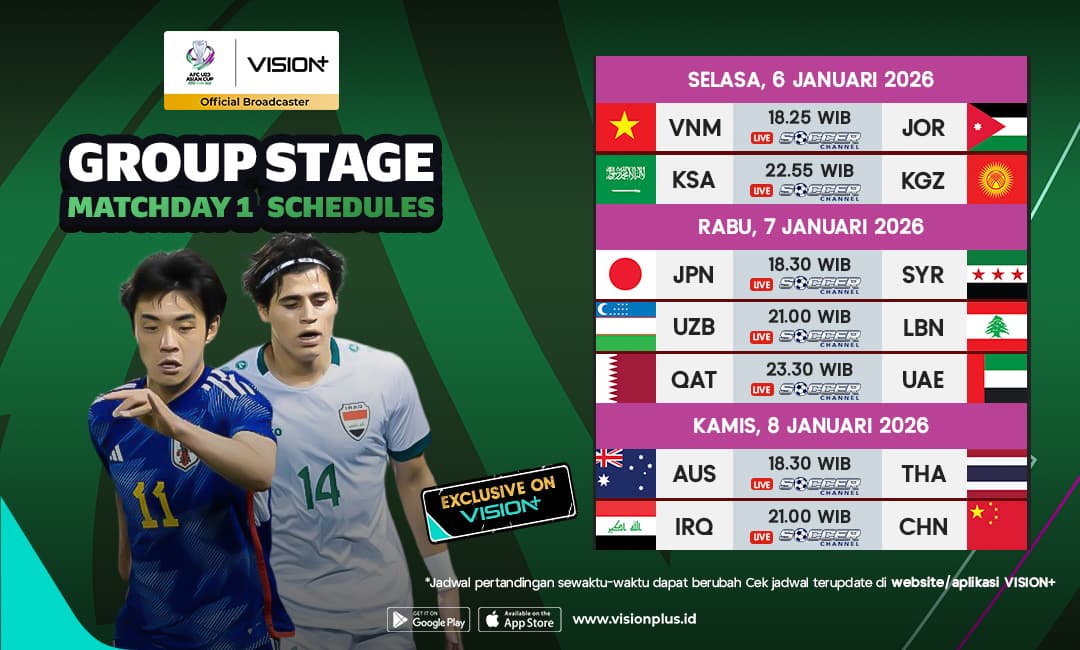 Jadwal Lengkap Matchday 1 Piala Asia U-23 2026, Saksikan di VISION+ Jadwal Lengkap Matchday 1 Piala Asia U-23 2026, Saksikan di VISION+