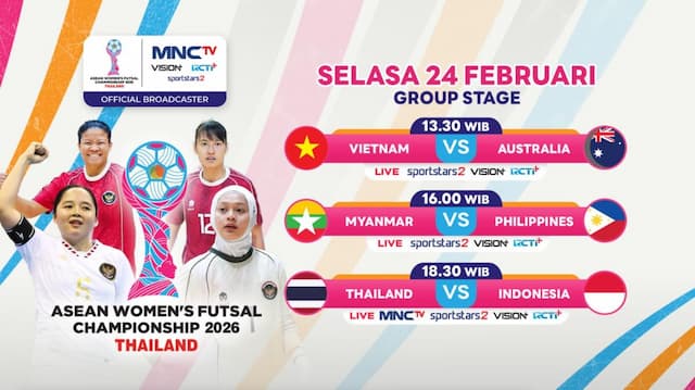 Jadwal Siaran Langsung Timnas Futsal Putri Indonesia vs Thailand di Piala AFF 2026, Live di MNCTV! Jadwal Siaran Langsung Timnas Futsal Putri Indonesia vs Thailand di Piala AFF 2026, Live di MNCTV!