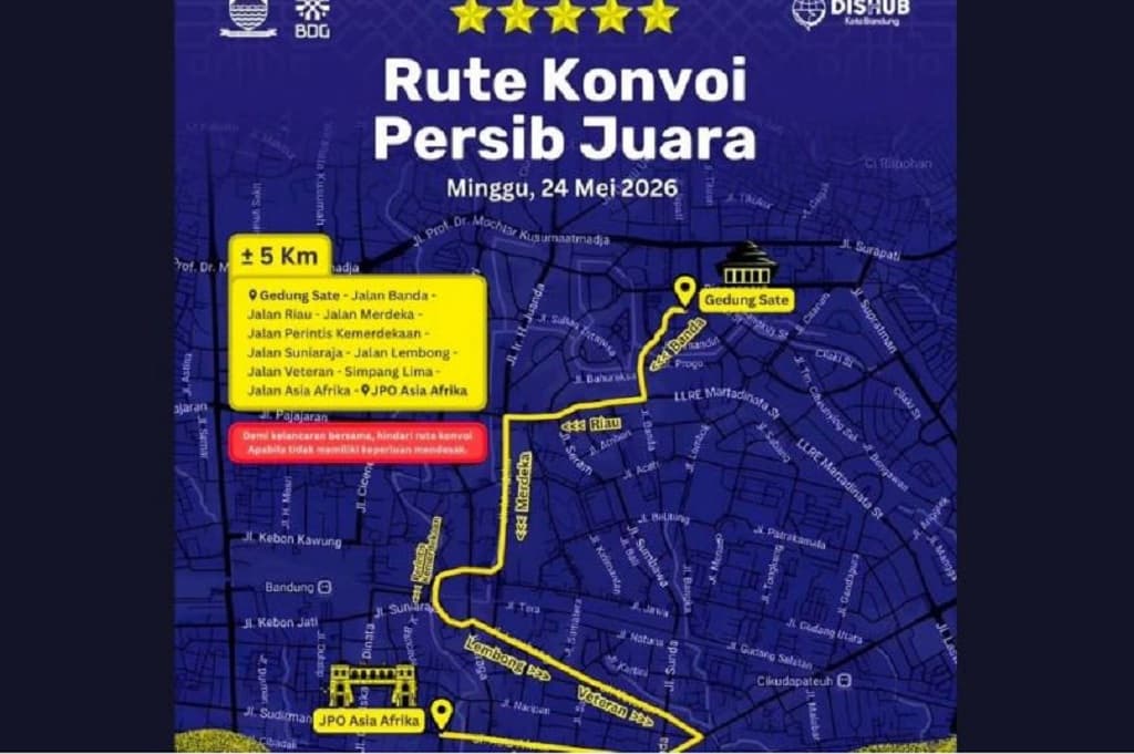 Rute Konvoi Persib Juara, Cek Lokasi dan Titik Selebrasi Angkat Trofi di JPO Asia Afrika Rute Konvoi Persib Juara, Cek Lokasi dan Titik Selebrasi Angkat Trofi di JPO Asia Afrika