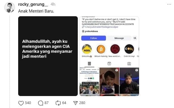 Akun Medsos Anak Menkeu Purbaya Hilang Usai Unggah Agen CIA Nyamar Menteri Akun Medsos Anak Menkeu Purbaya Hilang Usai Unggah Agen CIA Nyamar Menteri