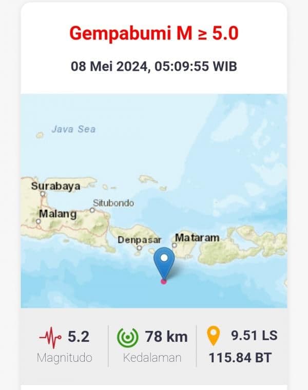 Suara Gemuruh,, Gempa Magnitudo 5,2 Guncang Lombok