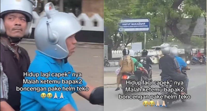 Viral Bapak-Bapak Boncengan Pakai Helm Teko, Netizen: Makasih Pak Sudah Buat Orang Bahagia Viral Bapak-Bapak Boncengan Pakai Helm Teko, Netizen: Makasih Pak Sudah Buat Orang Bahagia